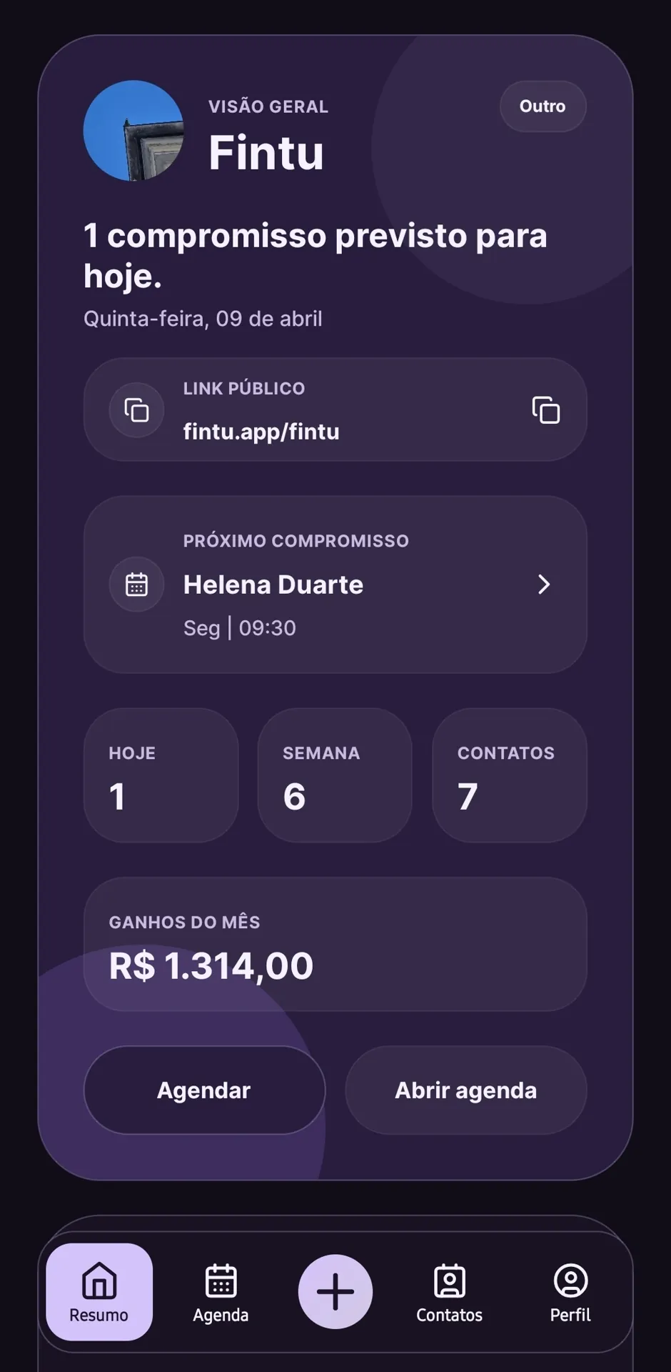 Tela de resumo do app Fintu